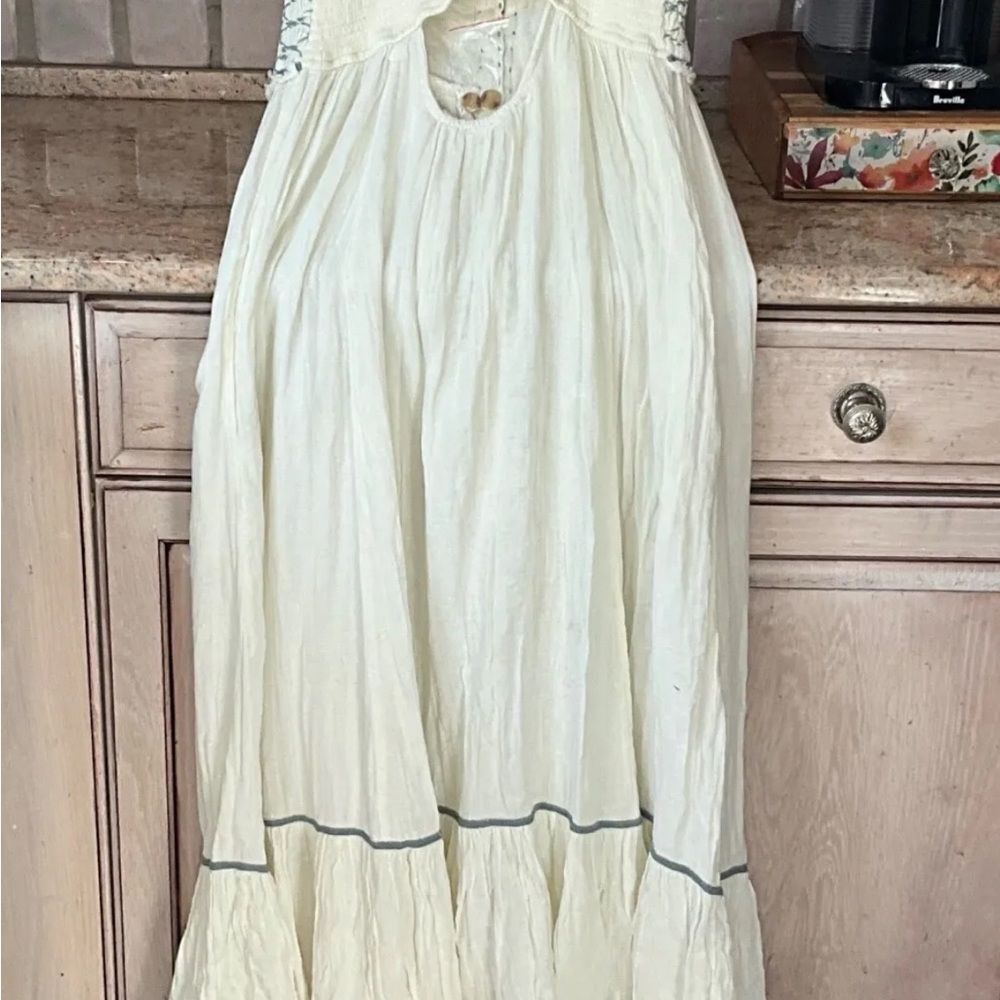 Free People Linda Jo Midi Dress Ruffled Hem SmockTop Button Up Ivory Blue Green - Picture 5 of 7